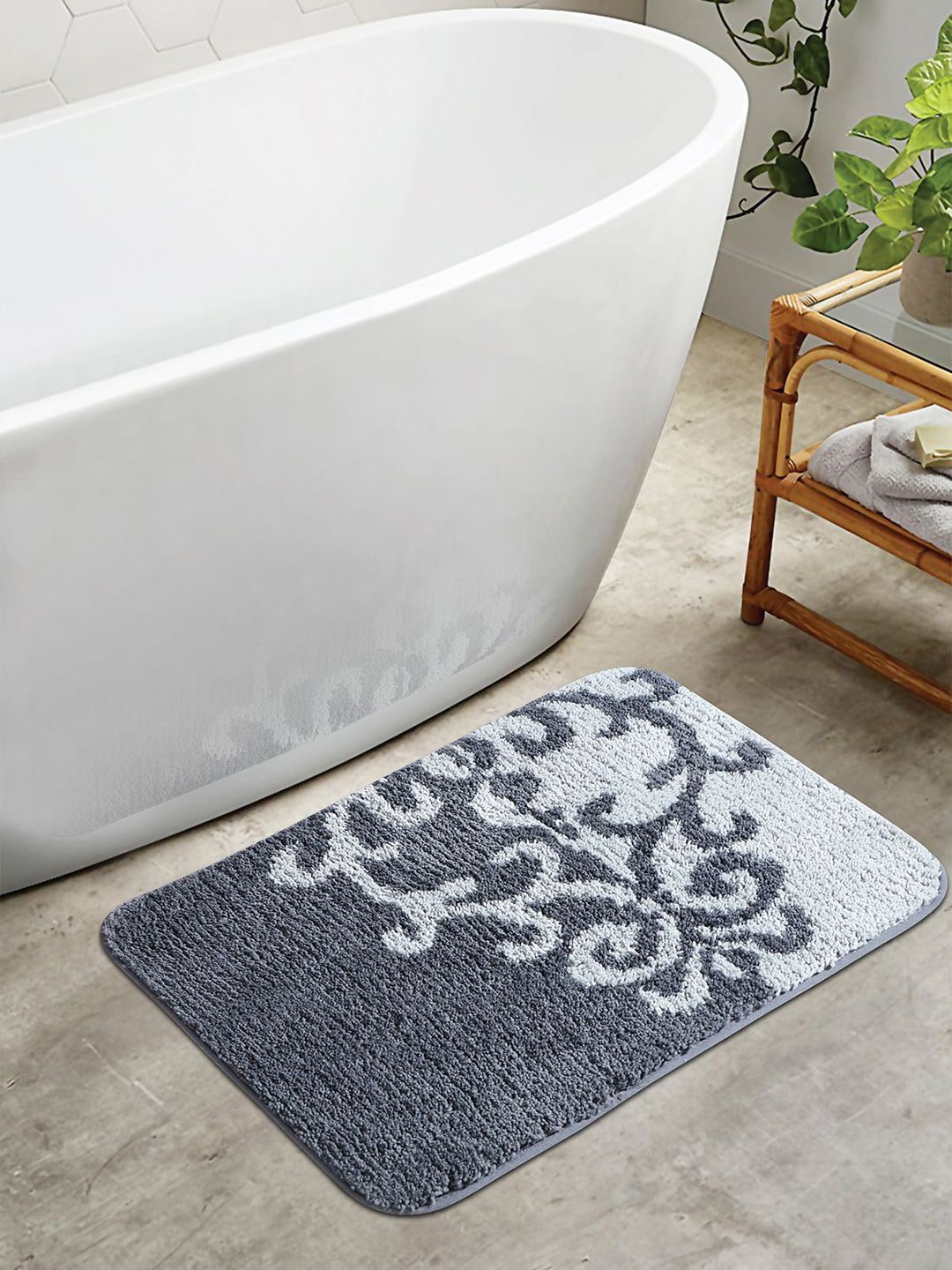 OBSESSIONS Grey Abstract 1400 GSM Anti-Skid Bath Rug Price in India