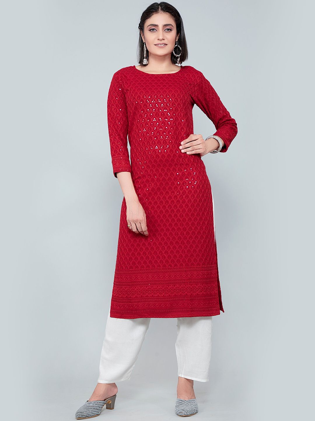 POONAM DESIGNER Women Maroon Geometric Kurta Price in India