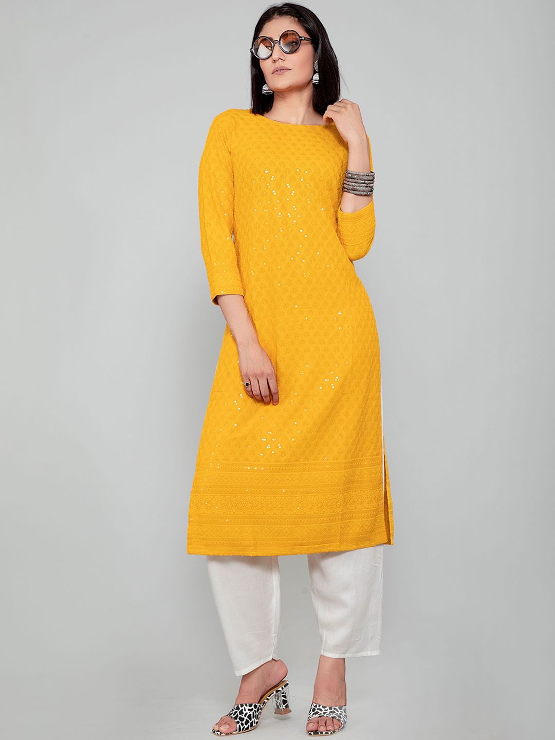 POONAM DESIGNER Women Yellow Embroidered Sleeves Kurta Price in India