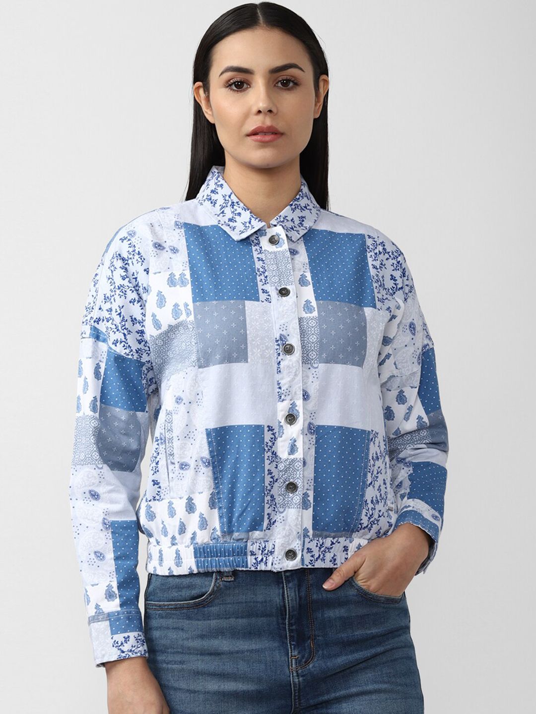 Van Heusen Woman Women Blue Crop Denim Jacket with Patchwork Price in India