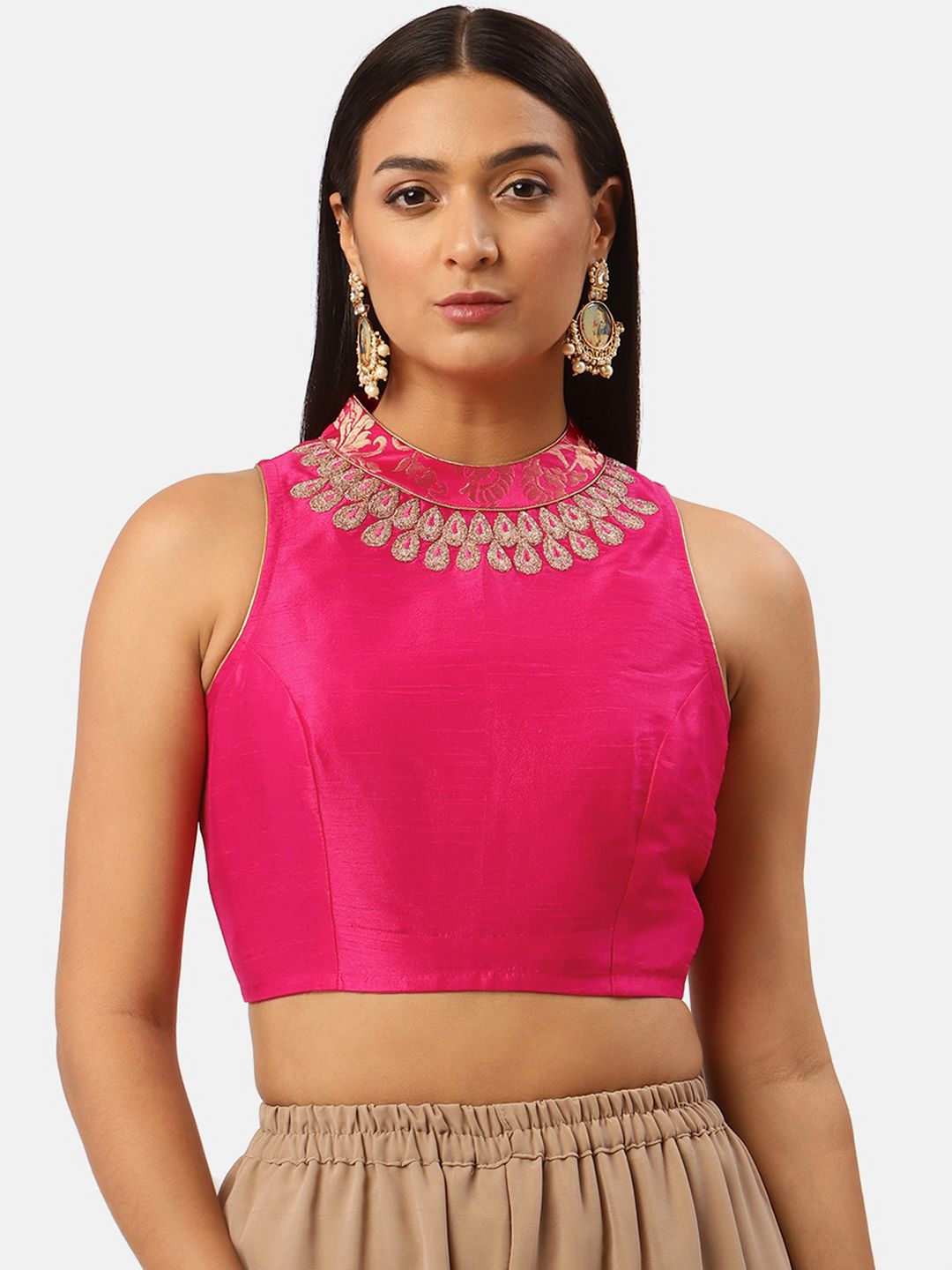 Studio Shringaar Pink Embroidered Brocade Collar Saree Blouse Price in India
