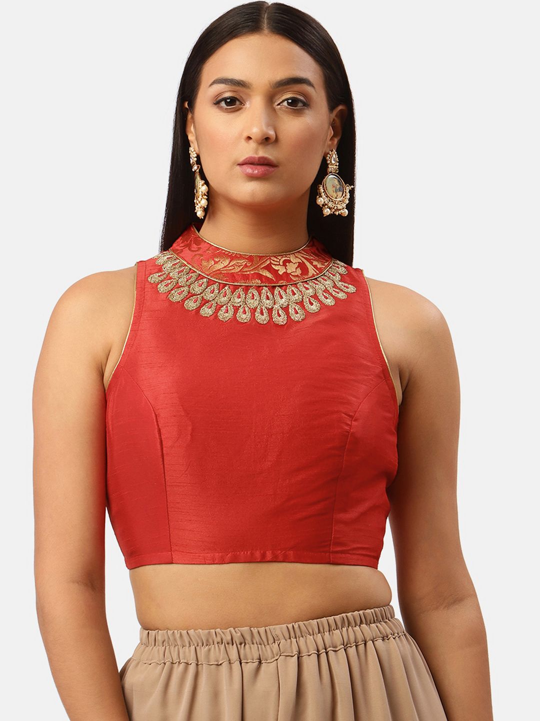 Studio Shringaar Red Embroidered Detail Sleeveless Saree Blouse Price in India
