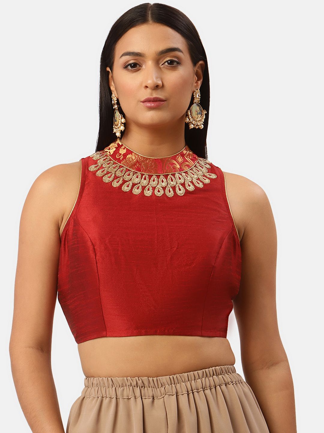 Studio Shringaar Red Ethnic Motifs Embroidered Saree Blouse Price in India