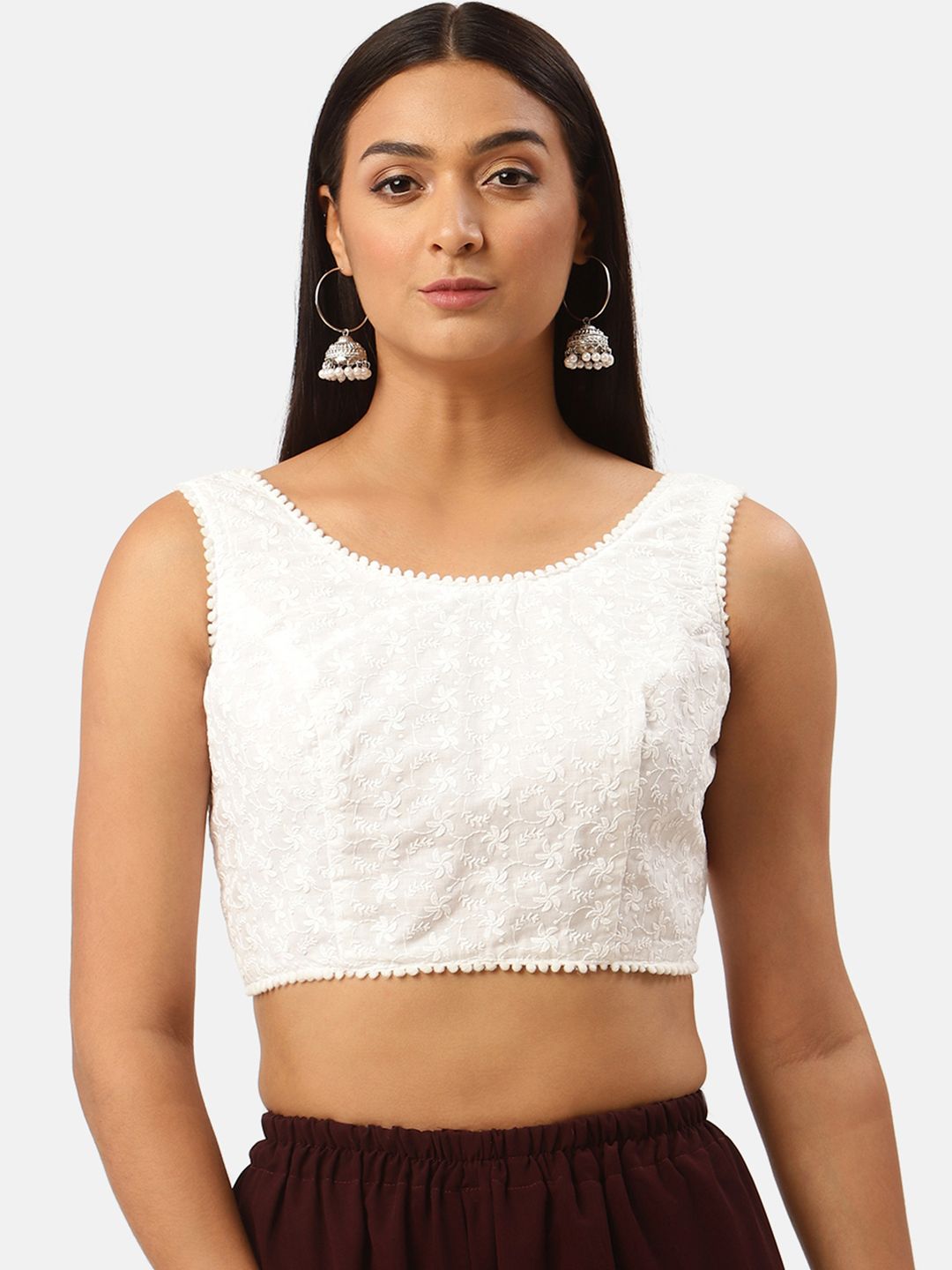 Studio Shringaar White Pure Cotton Chikankari Embroidered Saree Blouse Price in India