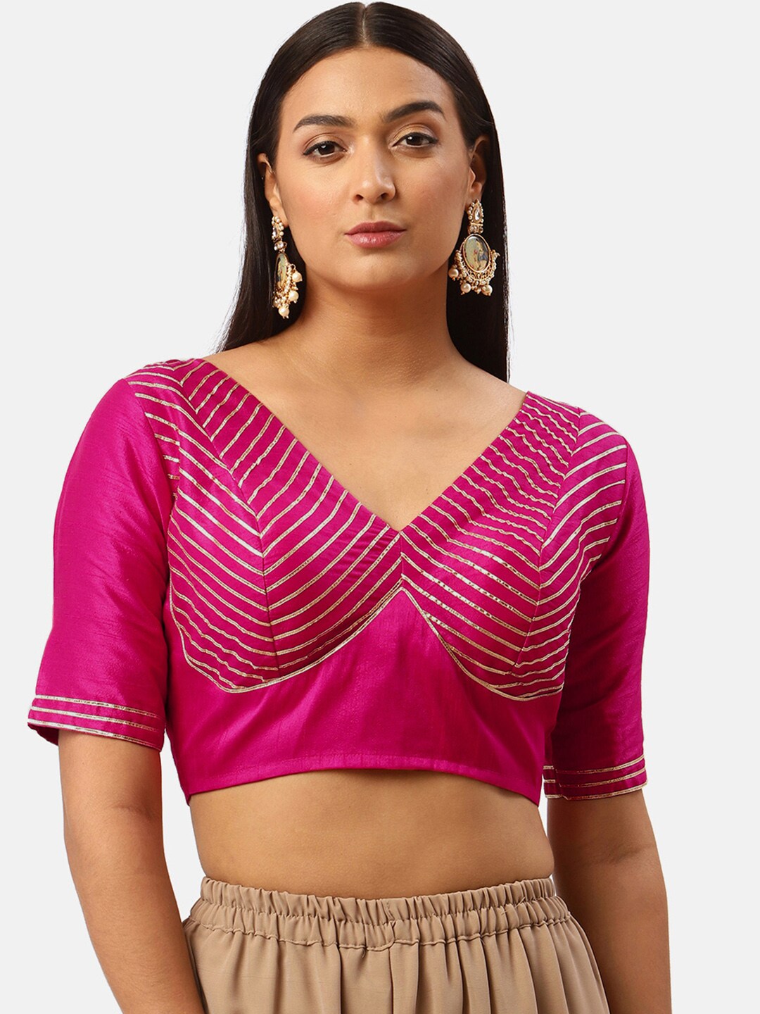 Studio Shringaar Pink & Golden Gotta Patti Padded Saree Blouse Price in India