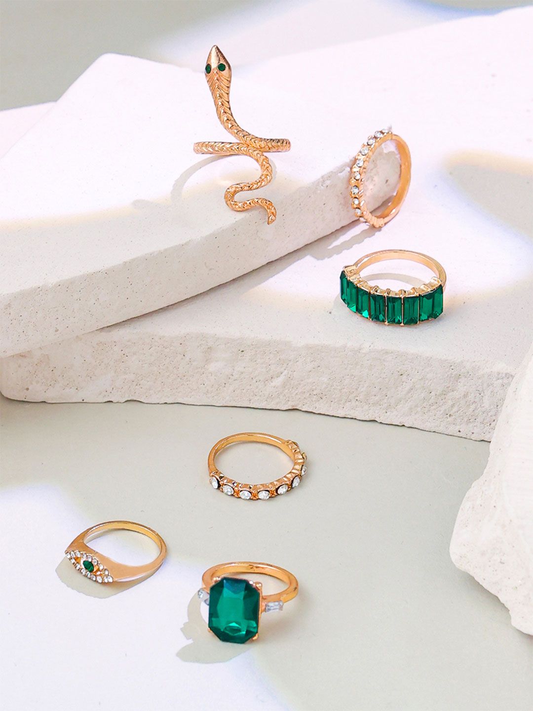 Set Of 6 Finger Rings Unwind by Yellow Chimes Set Of 6  Gold-Plated Crystal-Studded Snake Designed Finger Rings