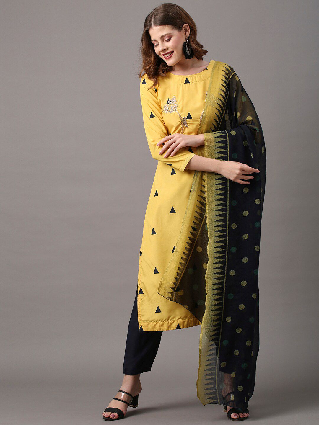 Saree mall Yellow & Black Embroidered Unstitched Dress Material Price in India