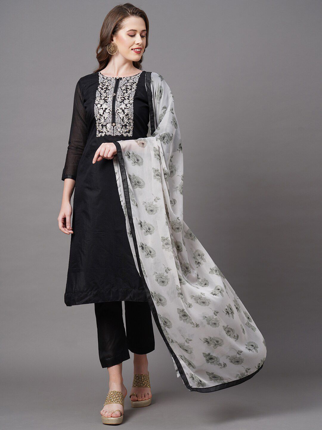 Saree mall Black & Silver-Toned Embroidered Unstitched Dress Material Price in India