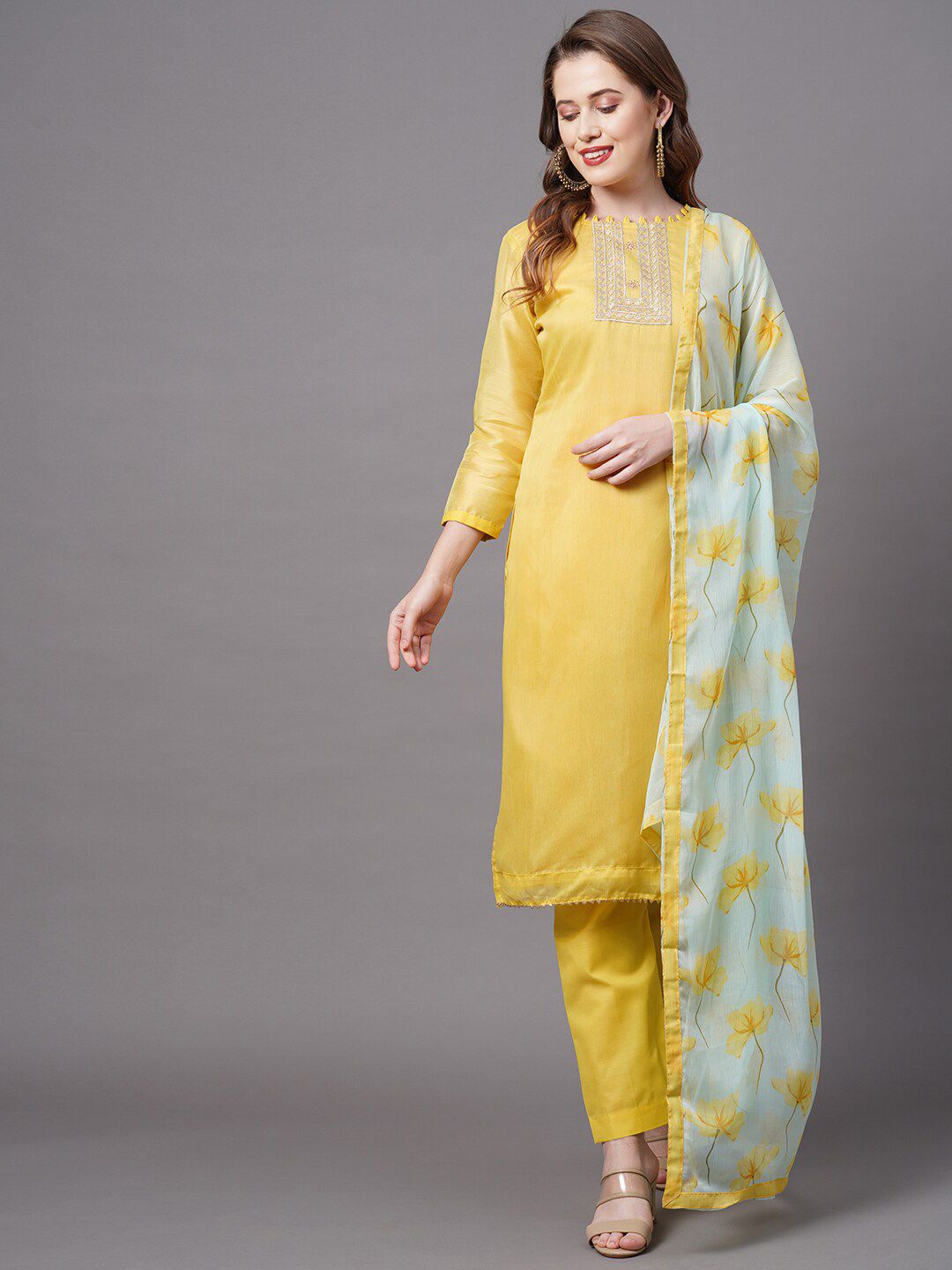 Saree mall Yellow & Blue Embroidered Unstitched Dress Material Price in India