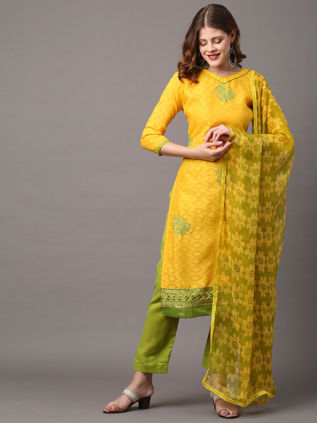 Saree mall Yellow & Green Embroidered Unstitched Dress Material Price in India