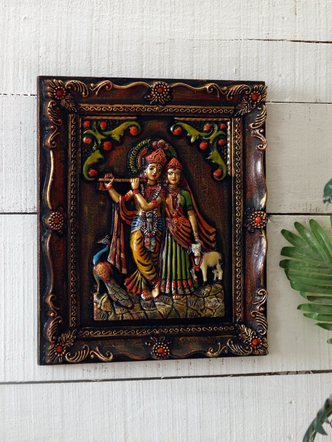 Unravel India Brown Dancing Radha Krishna Wall Art In Wooden Frame Price in India