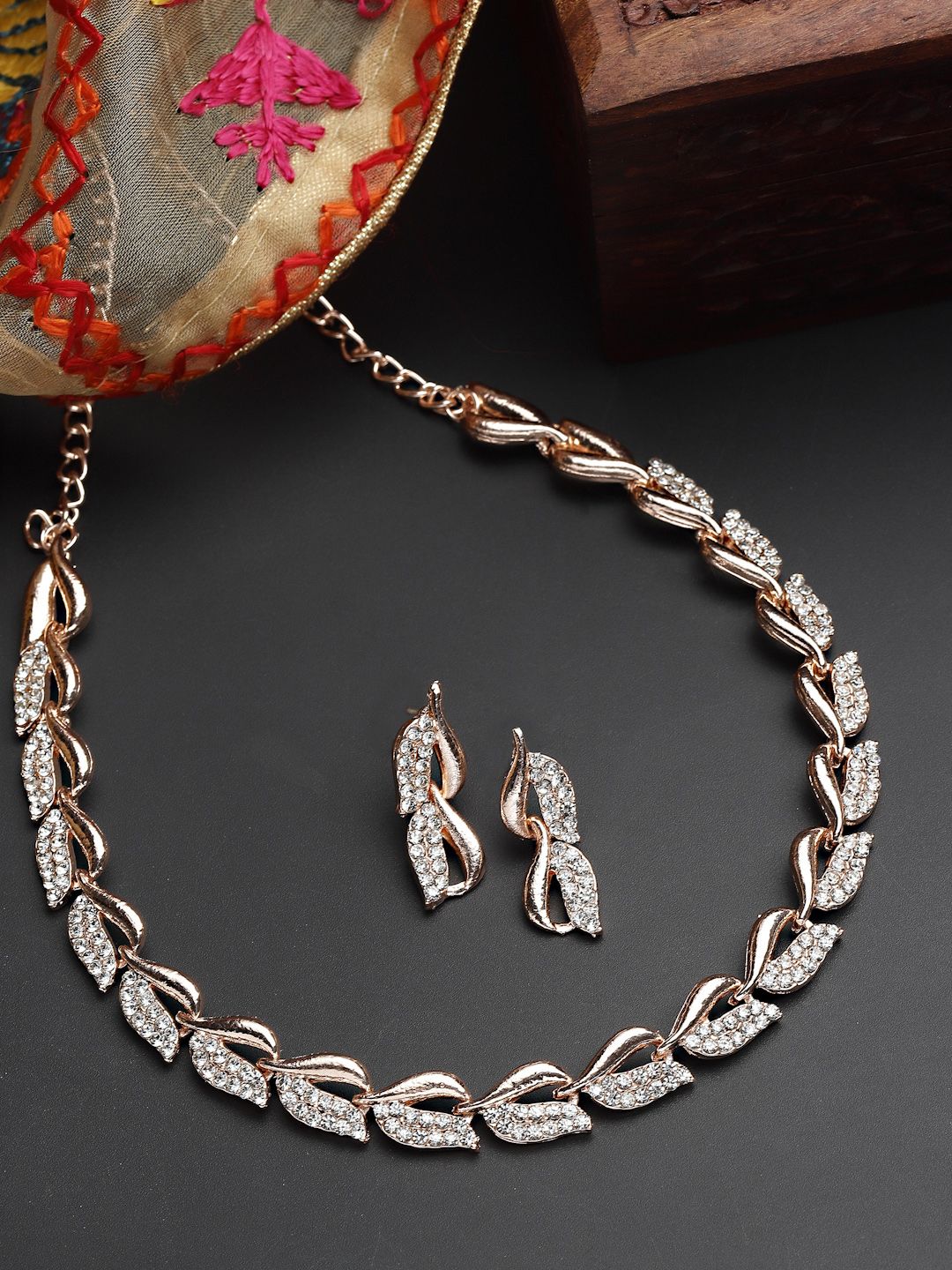ZENEME Rose Gold-Plated & White CZ-Studded Jewellery Set