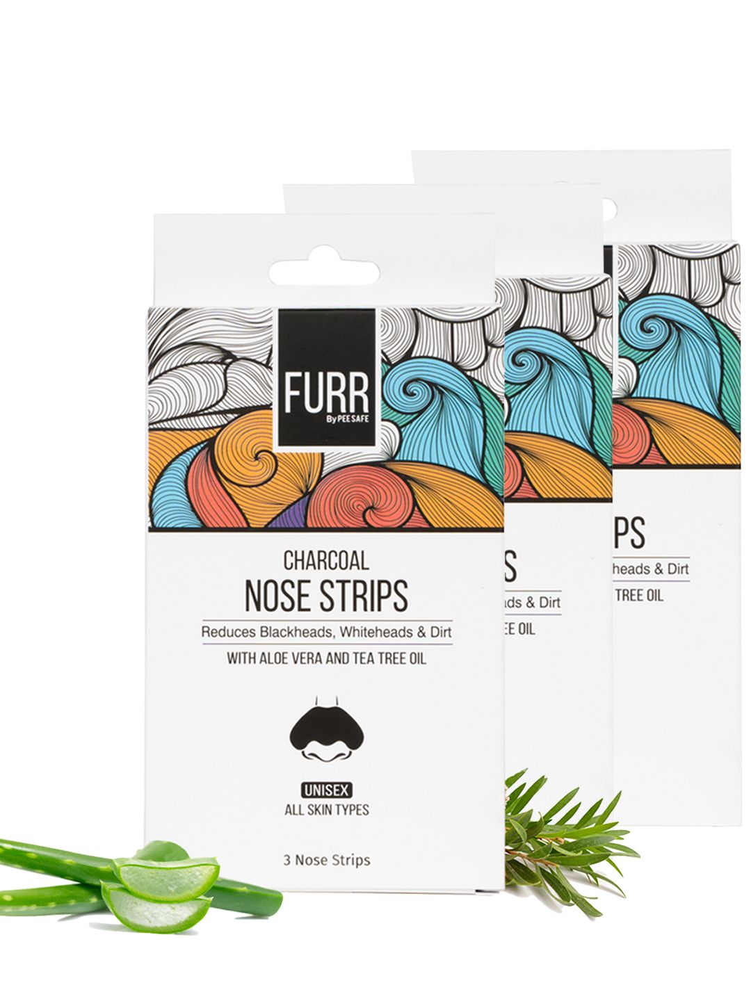 PEESAFE Set of 3 FURR Charcoal Nose Strips with Aloe Vera & Tea Tree - 3 Strips Each