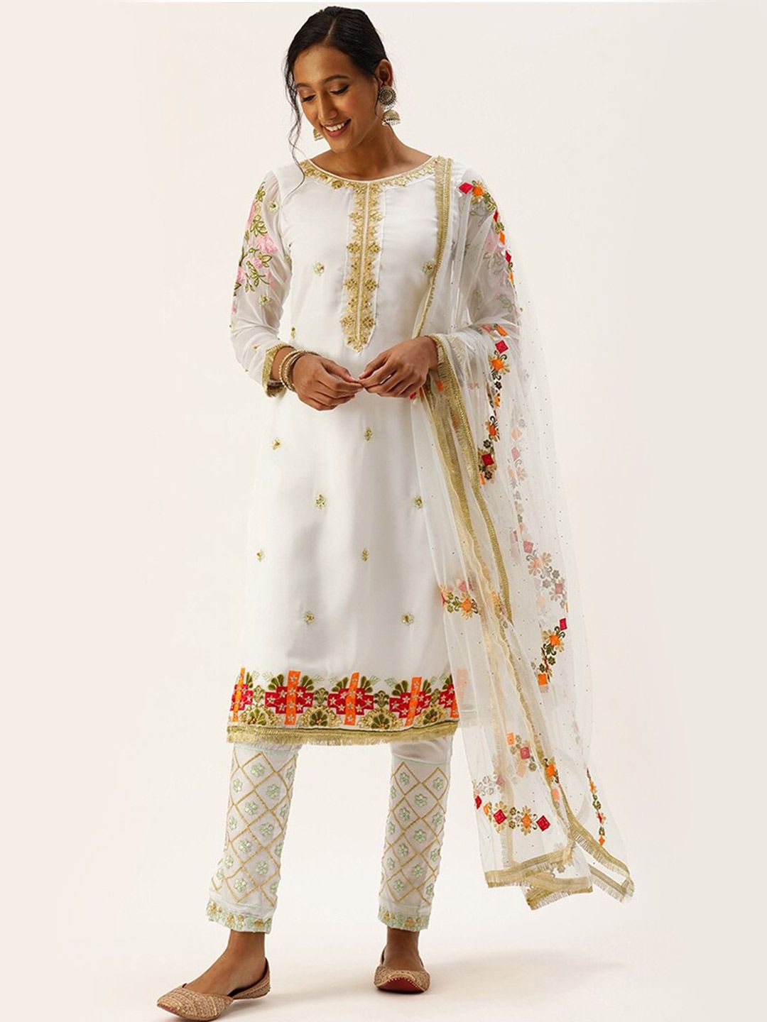 cbazaar White & Red Unstitched Dress Material Price in India