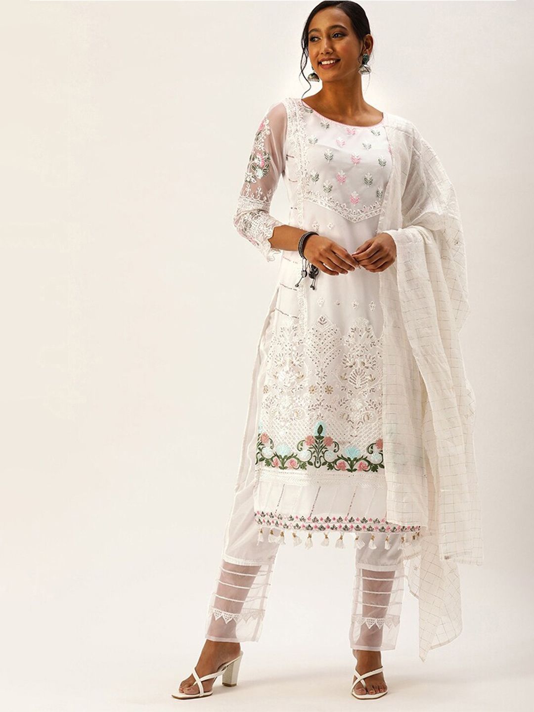 cbazaar Off White & Green Organza Unstitched Dress Material Price in India