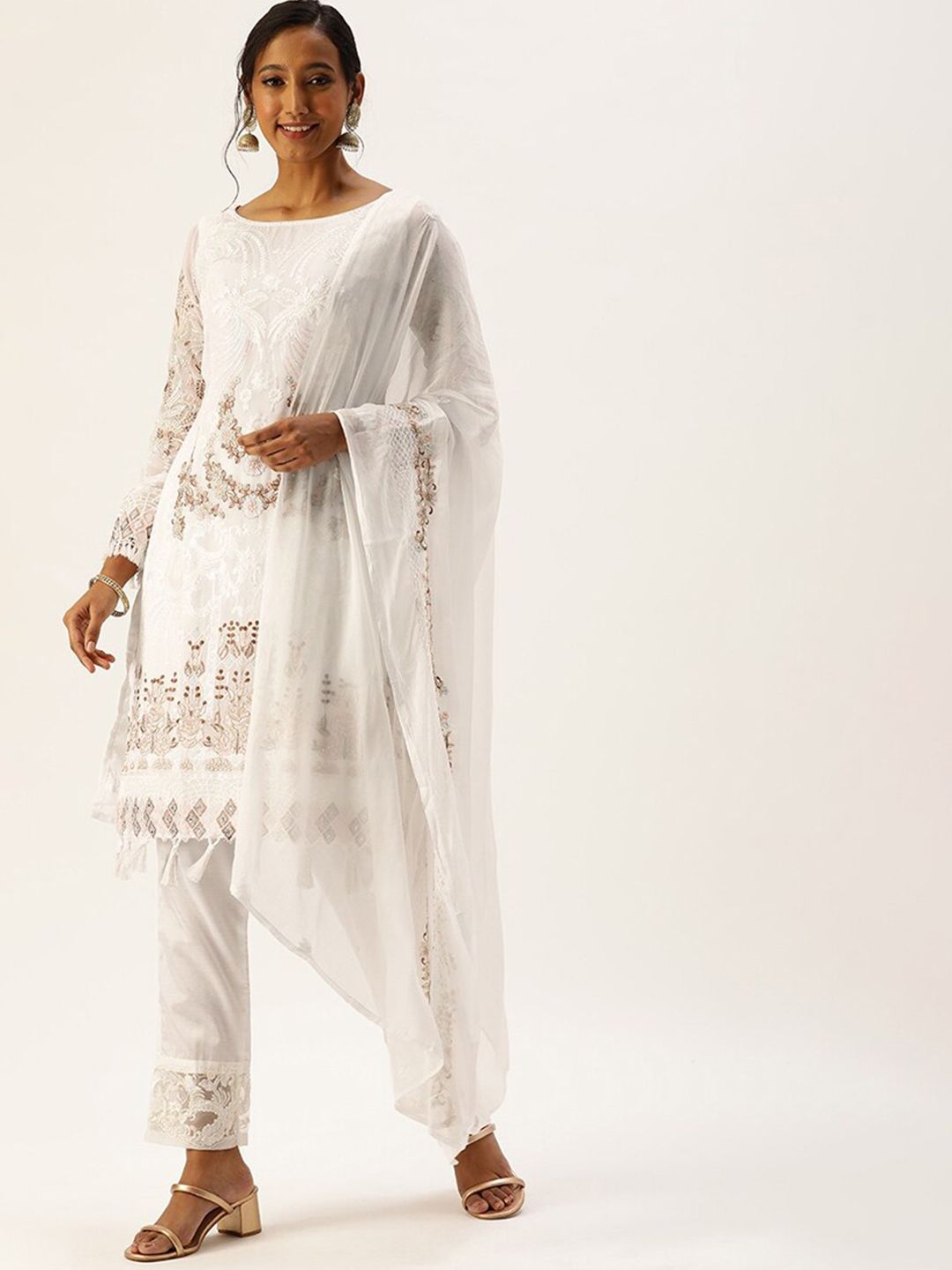 cbazaar Off White & Brown Unstitched Dress Material Price in India