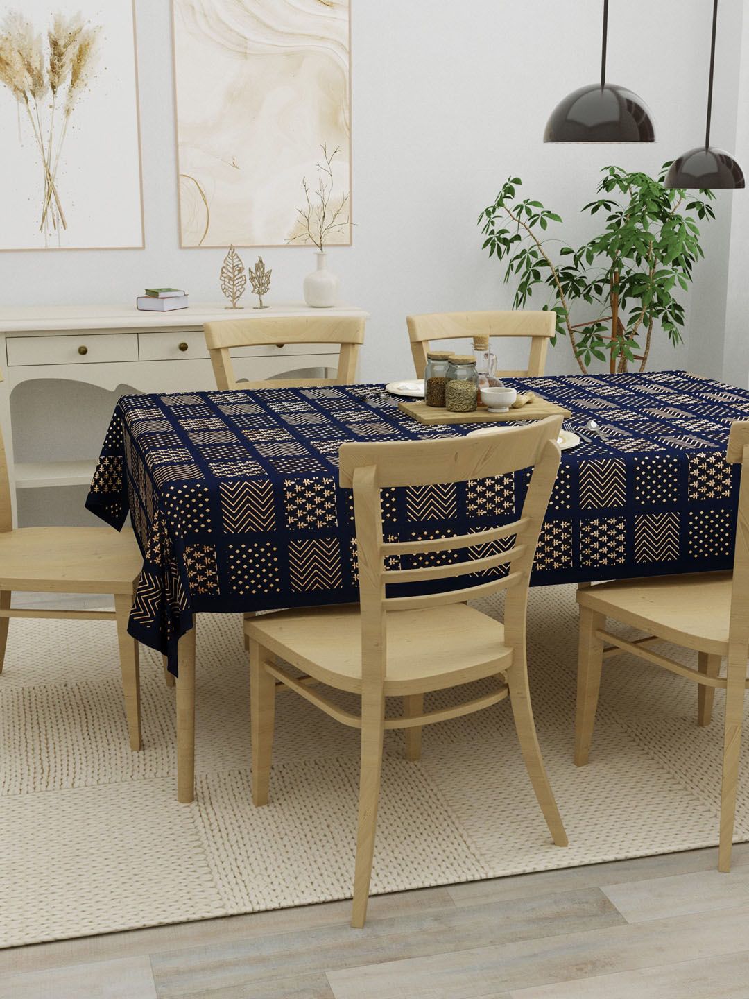 Clasiko Blue Checked 6-Seater Rectangle Cotton Table Cover Price in India
