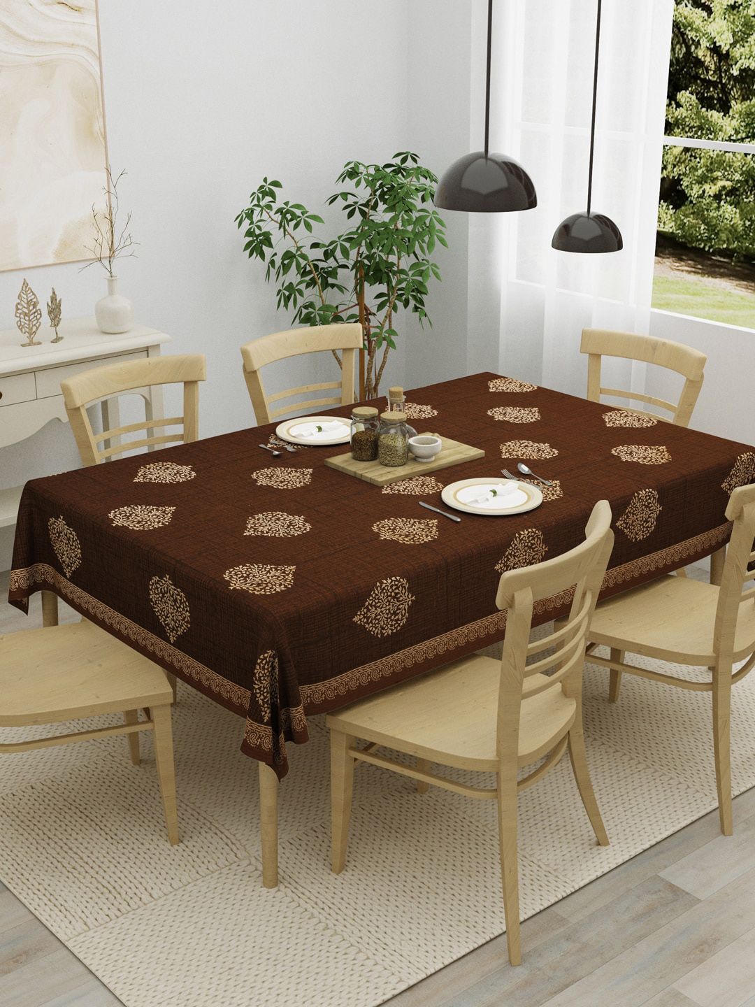 Clasiko Brown Ethenic Motifs Cotton 6-Seater Table Cover Price in India