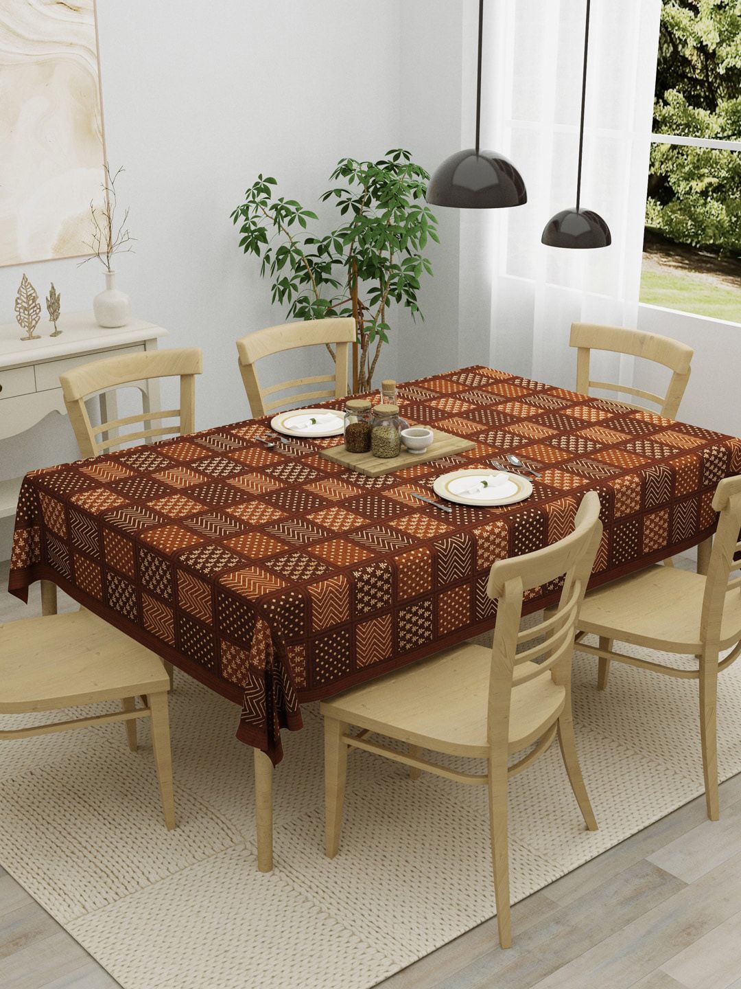 Clasiko Golden Brown Printed 6-Seater Rectangular Table Covers Price in India