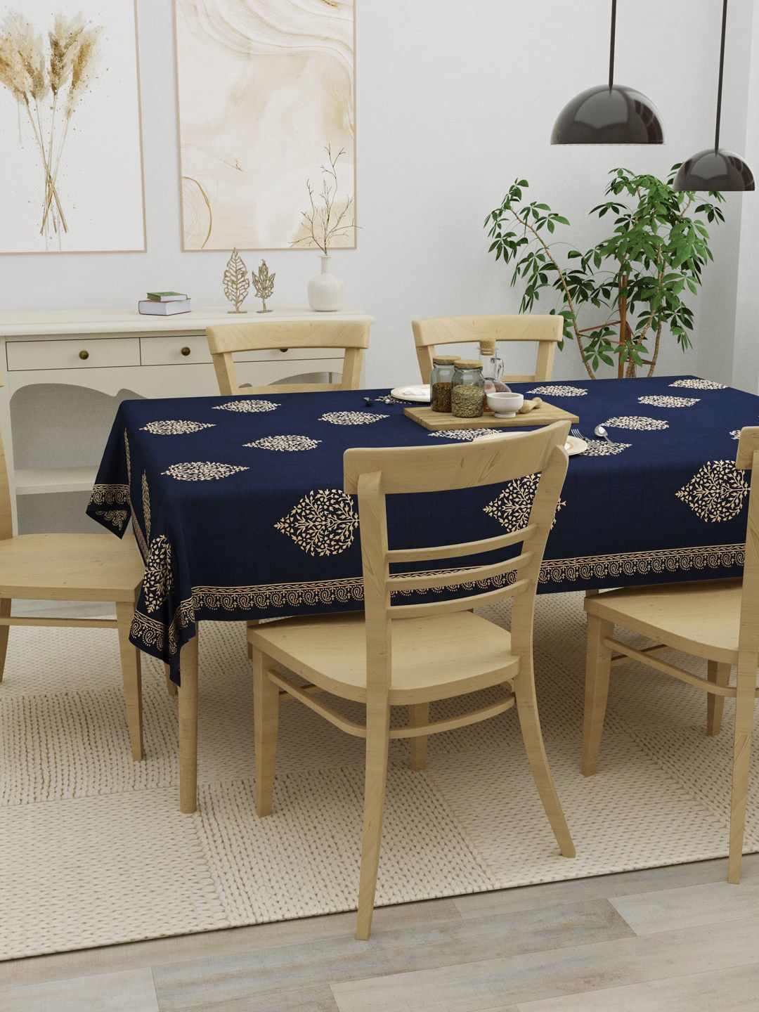 Clasiko Blue & Golden Printed Pure Cotton Table Cover Price in India