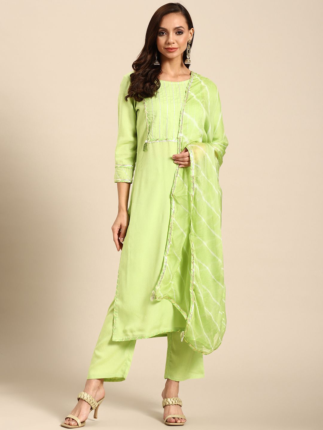 Prakhya Women Green Yoke Design Gotta Patti Kurta with Trousers & With Dupatta Price in India