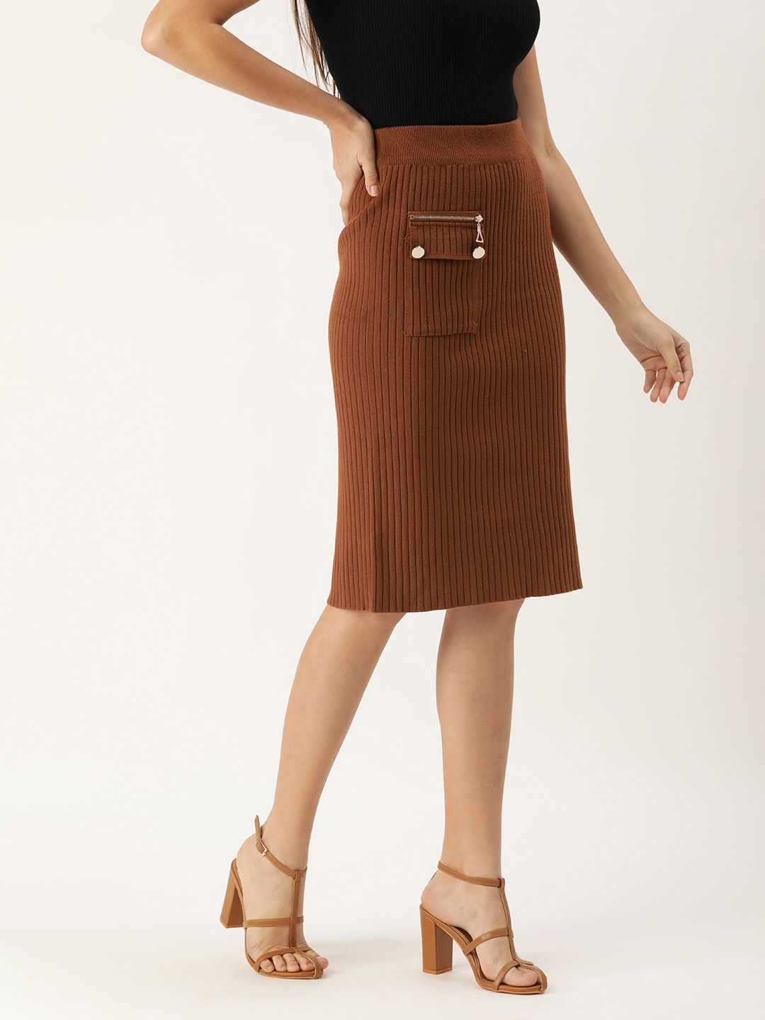 Sheczzar Women Brown Ribbed Straight Skirt