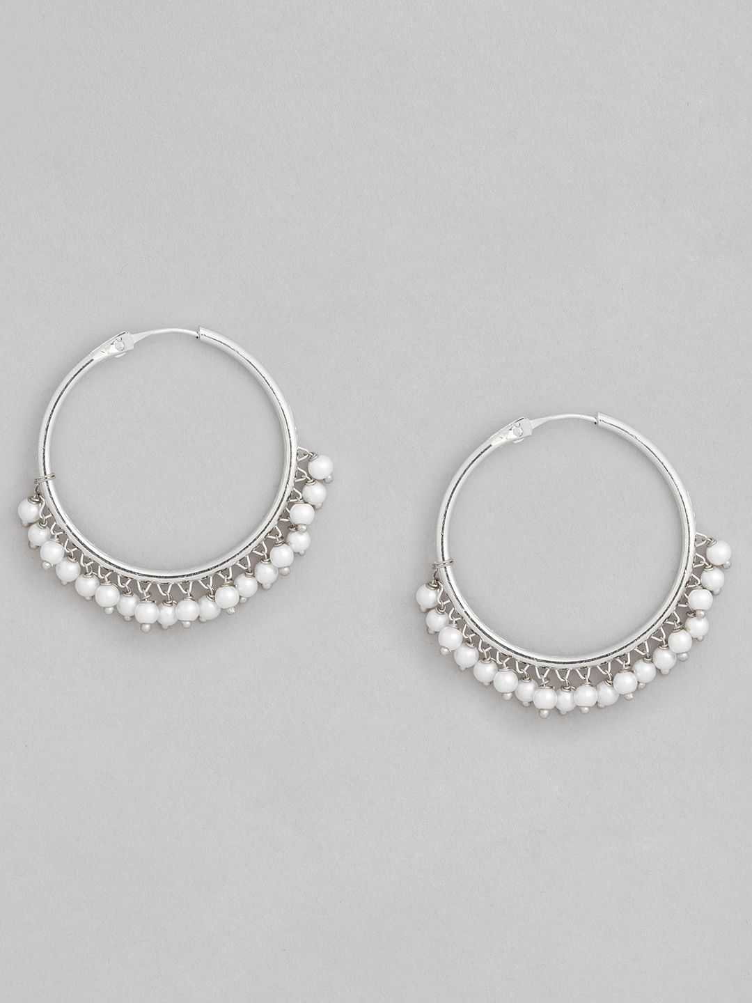 I Jewels Silver-Toned & White Beaded Circular Hoop Earrings Price in India