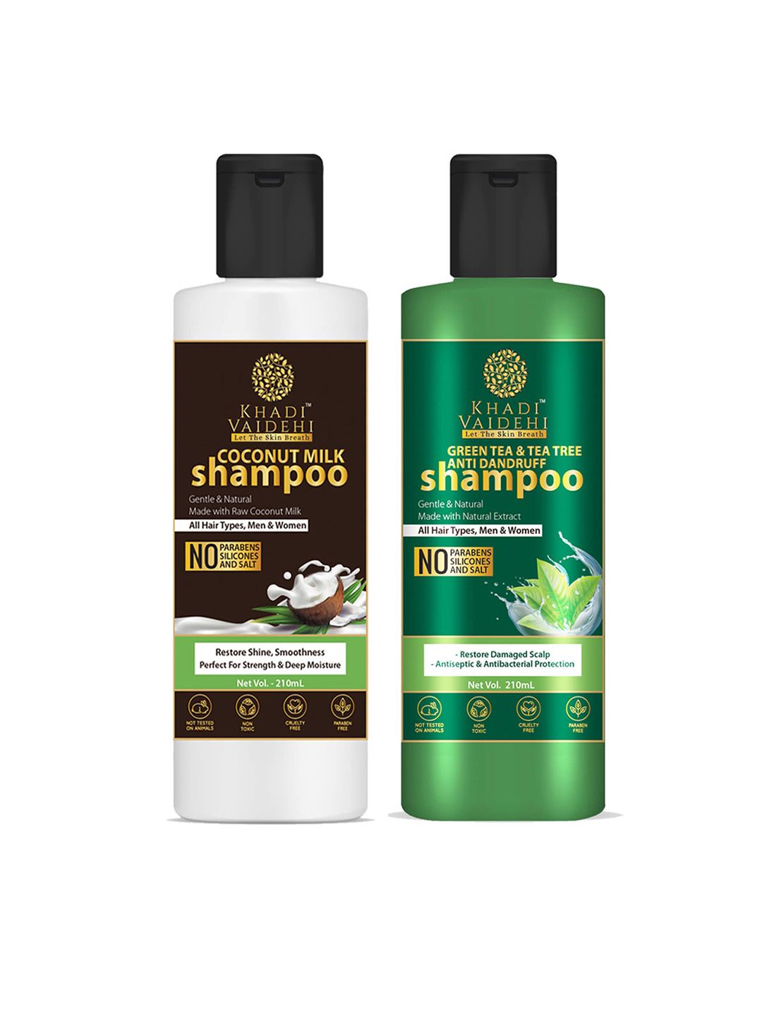 Khadi Vaidehi Set of Green Tea Anti-Dandruff Shampoo & Coconut Milk Shampoo - 210 ml Each Price in India