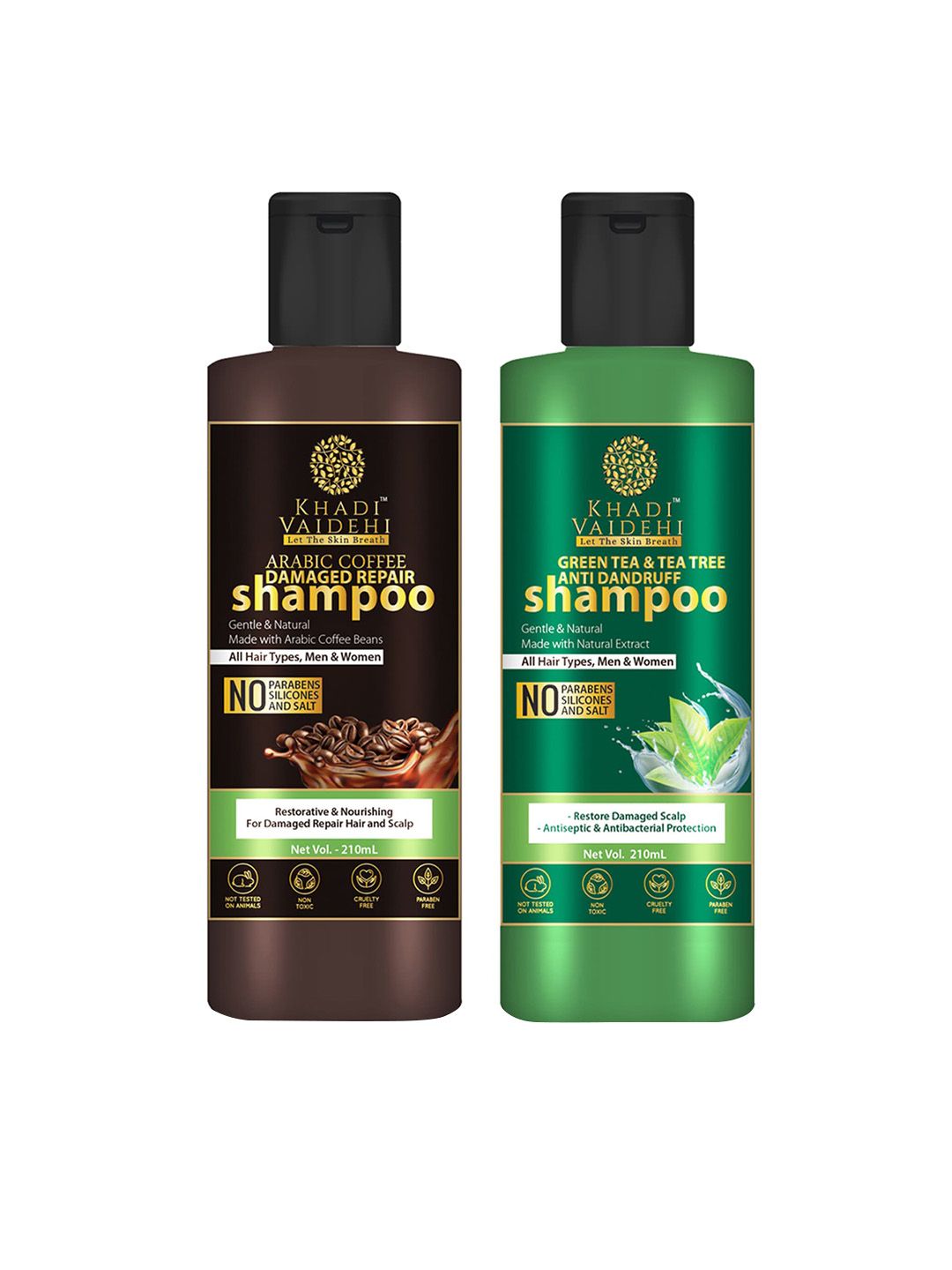 Khadi Vaidehi Set of Green Tea Shampoo & Arabic Coffee Shampoo - 210 ml Each Price in India