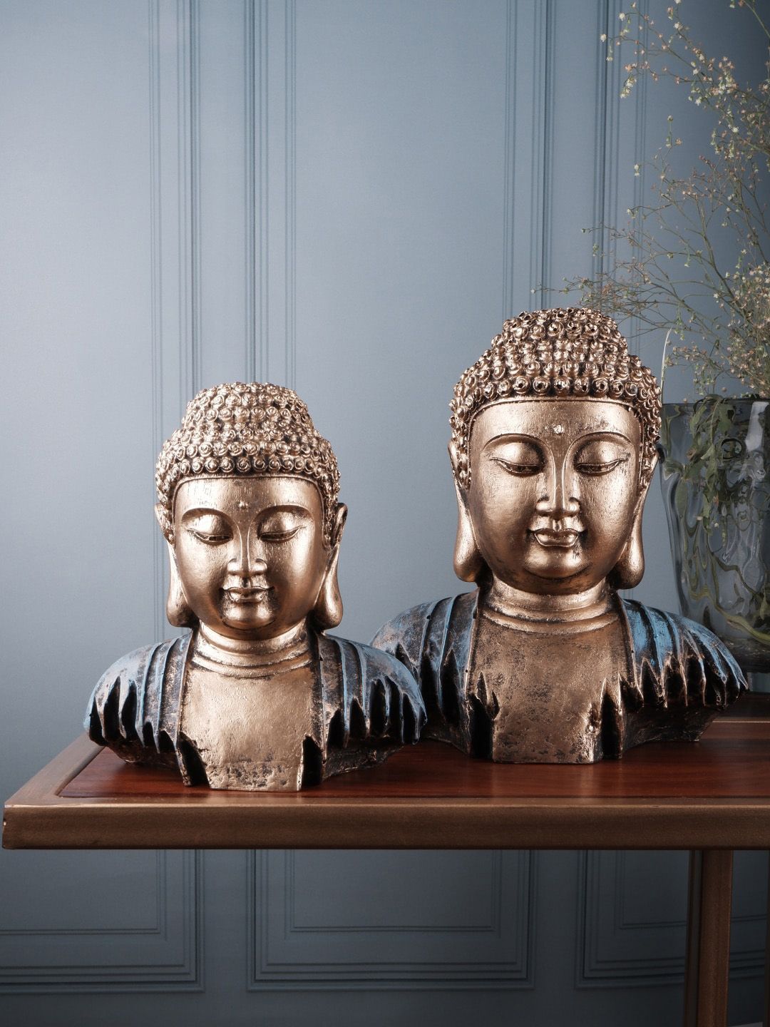 THE WHITE INK DECOR Set Of 2 Brown & Blue Textured Buddha Showpiece Price in India