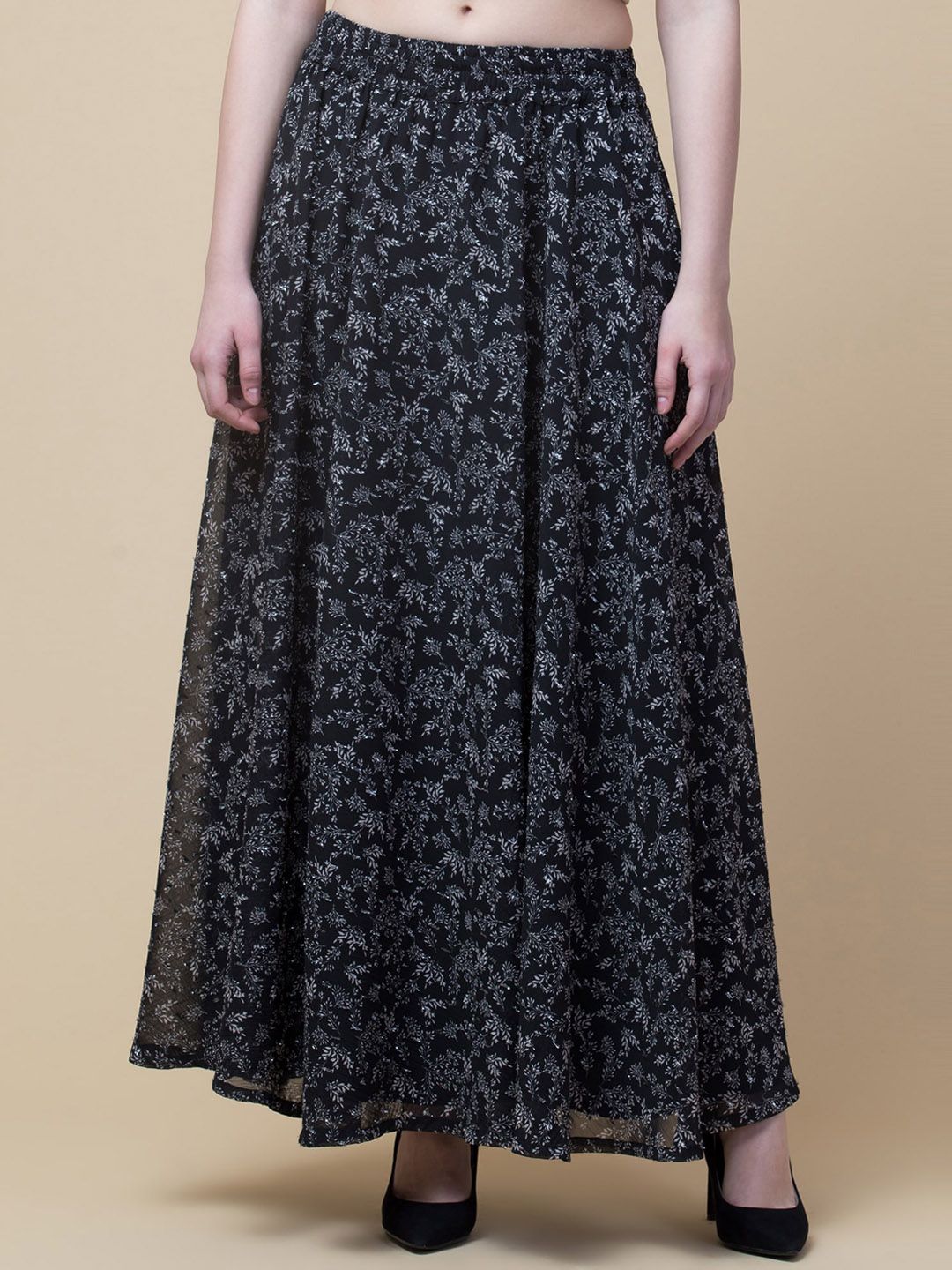 Hive91 Women Black Printed A-Line Maxi Skirts