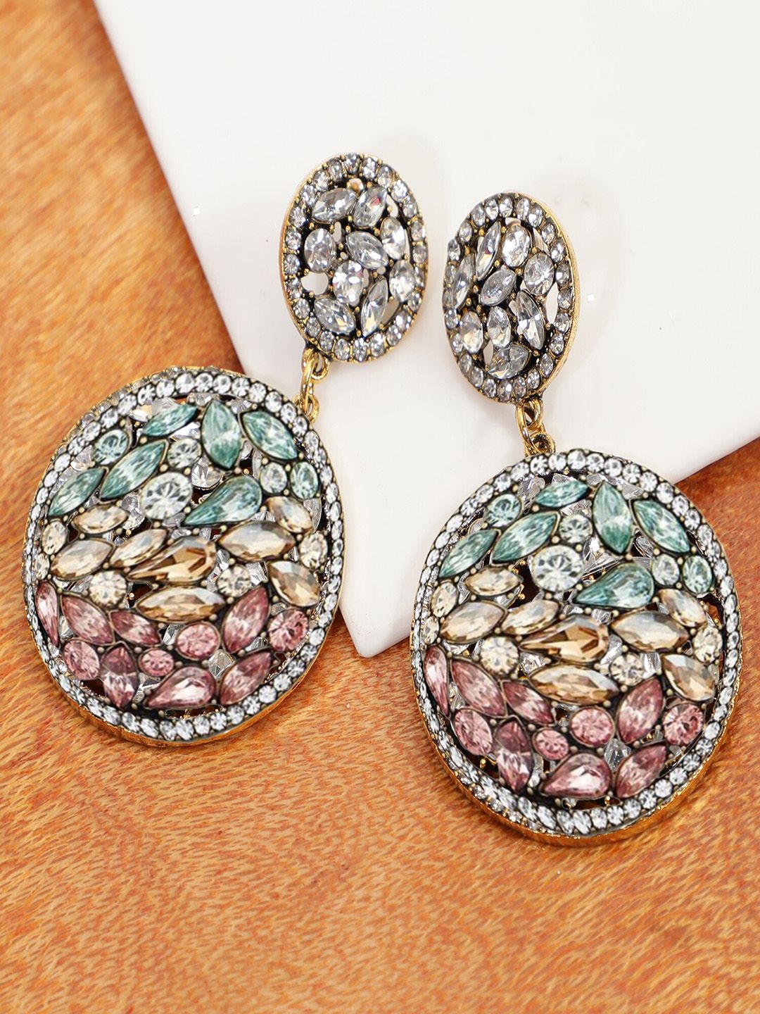 AQUASTREET Women Multicoloured Gold Plated Contemporary Crystals Round Drop Earrings Price in India