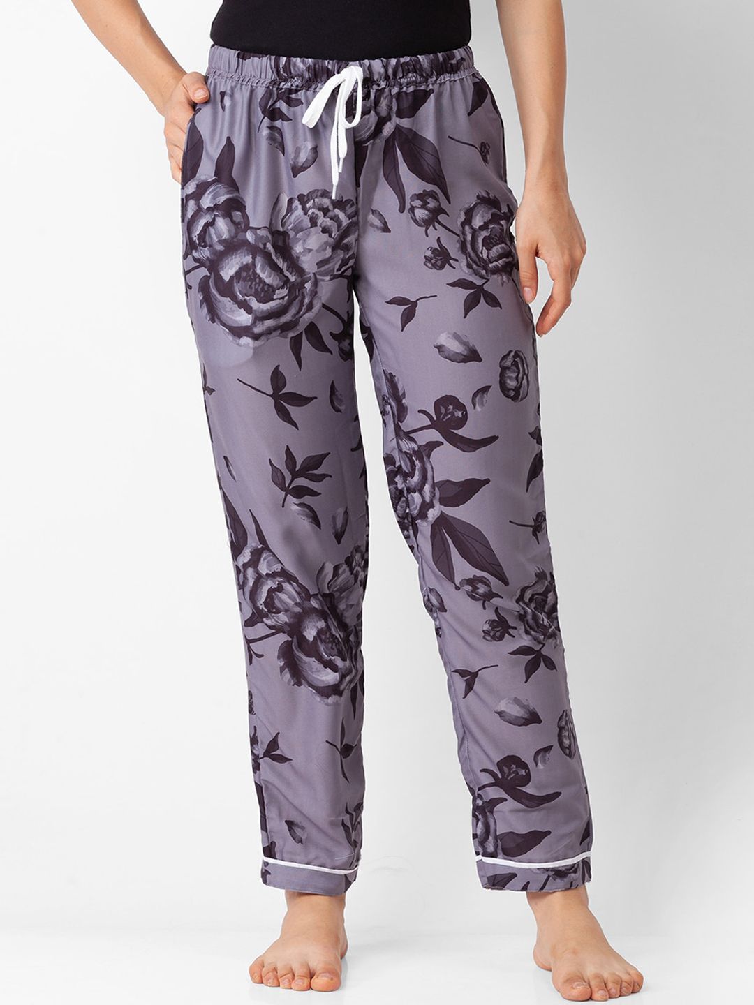 FashionRack Women Grey & Black Floral Printed Lounge Pants Price in India