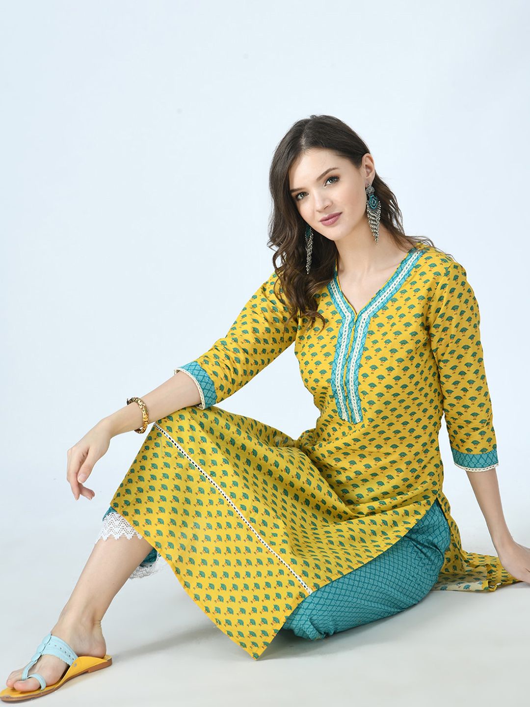 MAFE Women Yellow Ethnic Motifs Panelled Pure Cotton Kurta with Trousers Price in India