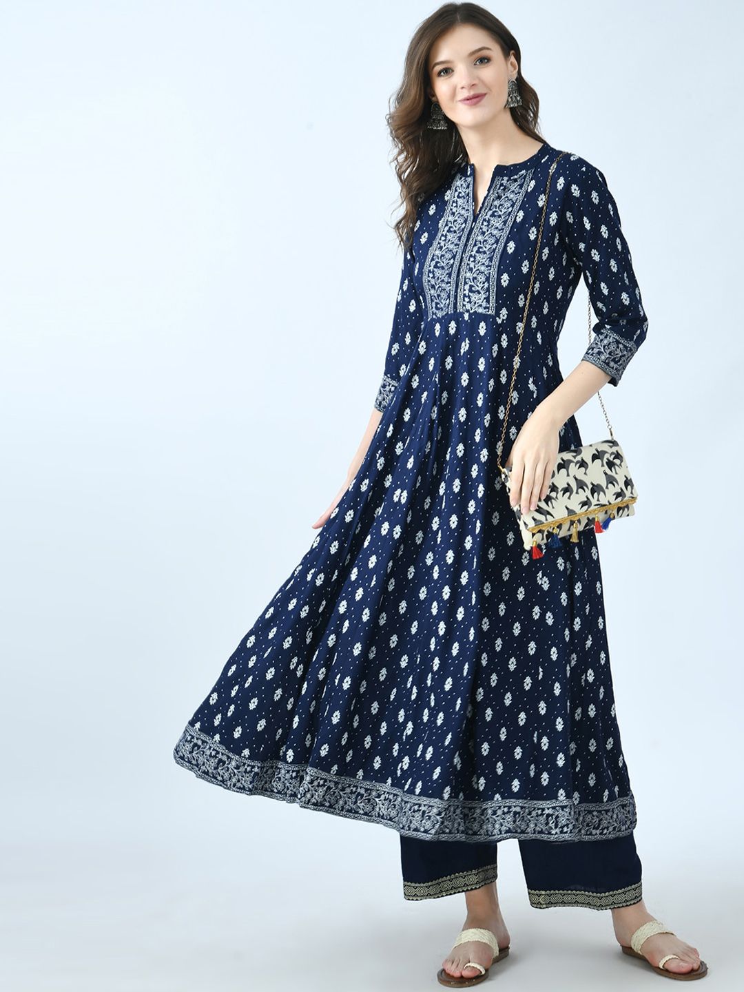 MAFE Women Navy Blue Printed High Slit Kurta with Palazzos Price in India