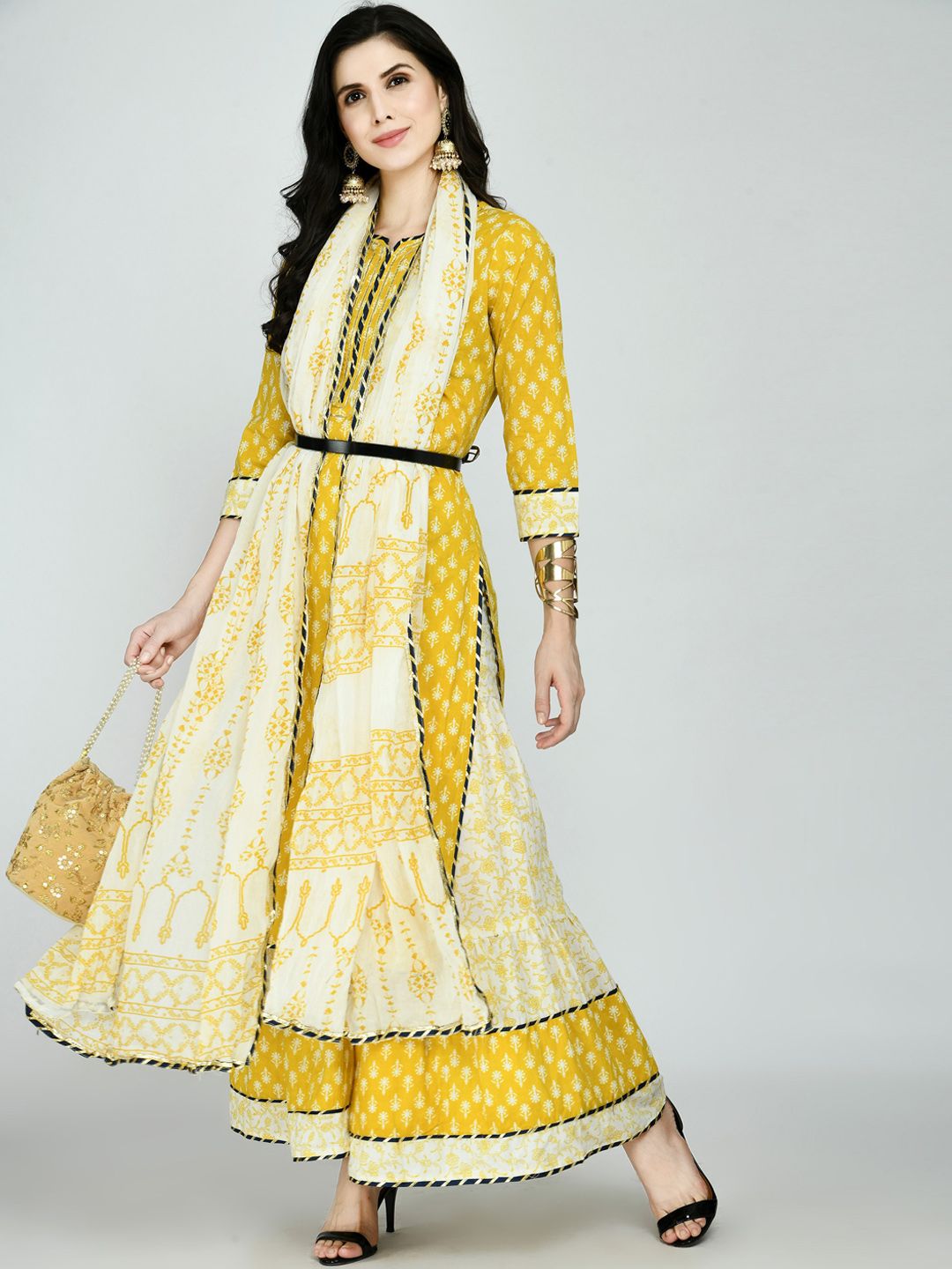 MAFE Women Mustard Yellow Ethnic Motifs Printed Layered Pure Cotton Kurta with Sharara & With Dupatta Price in India