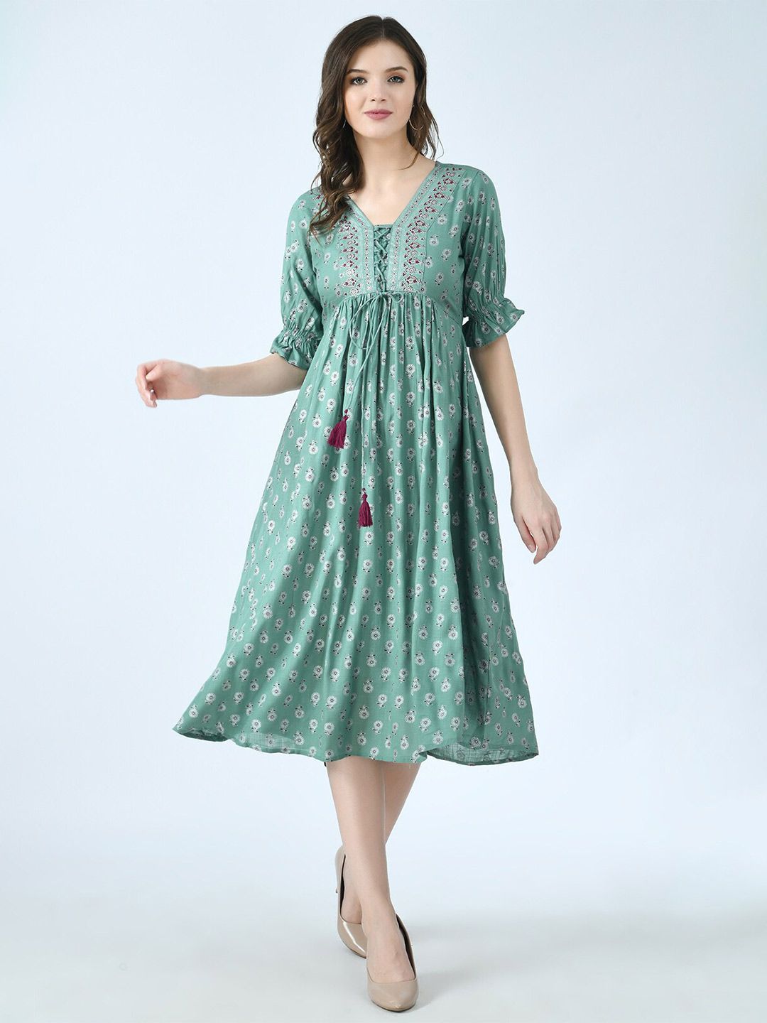 MAFE Olive Green & green sheen Ethnic Motifs Midi Dress Price in India