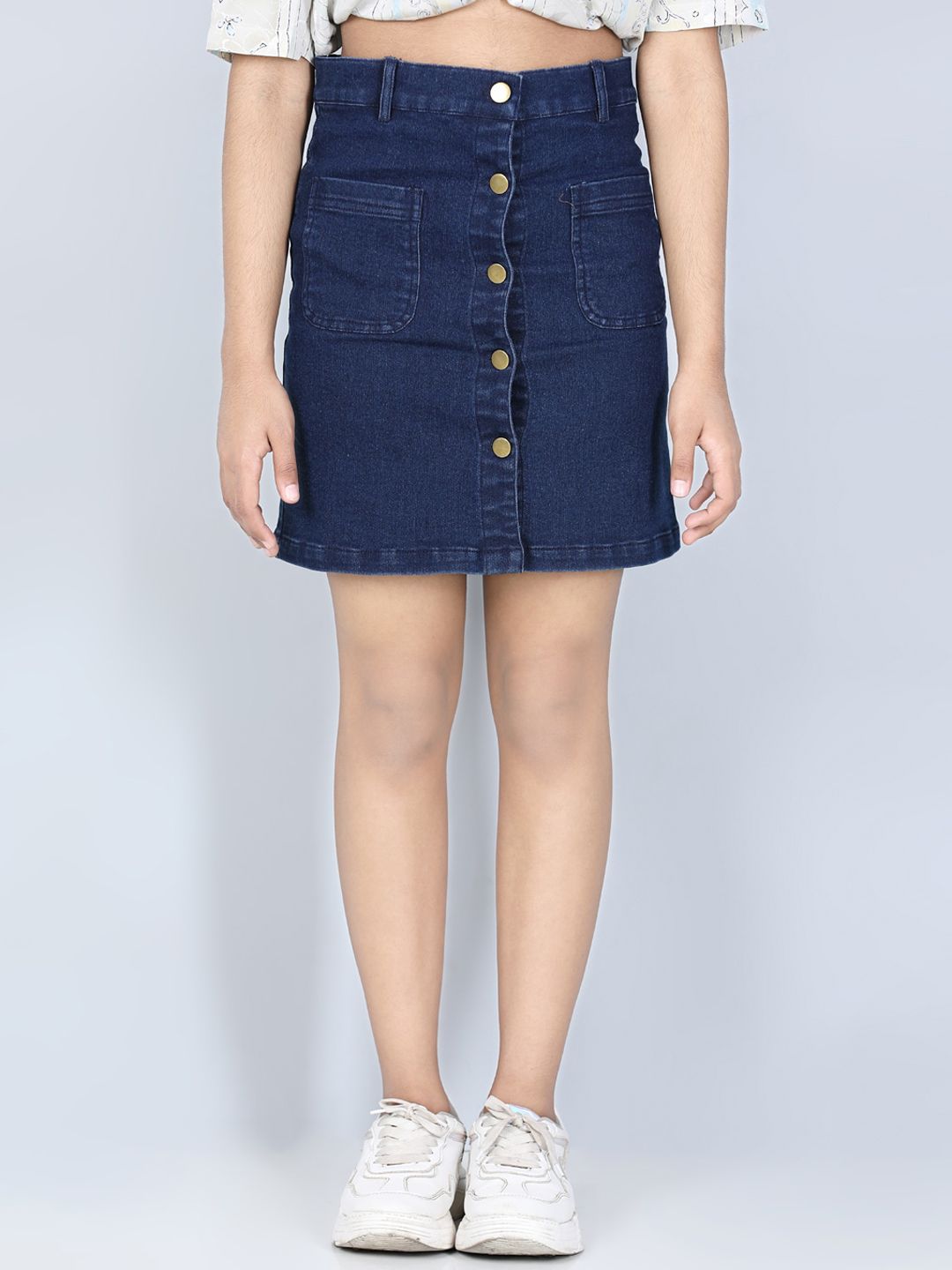 StyleStone Girls Blue Denim Mini Straight Skirt With Front Buttons