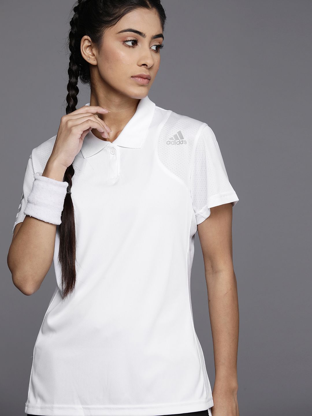ADIDAS Women White Perforated Aeroready Polo Collar T-shirt Price in India