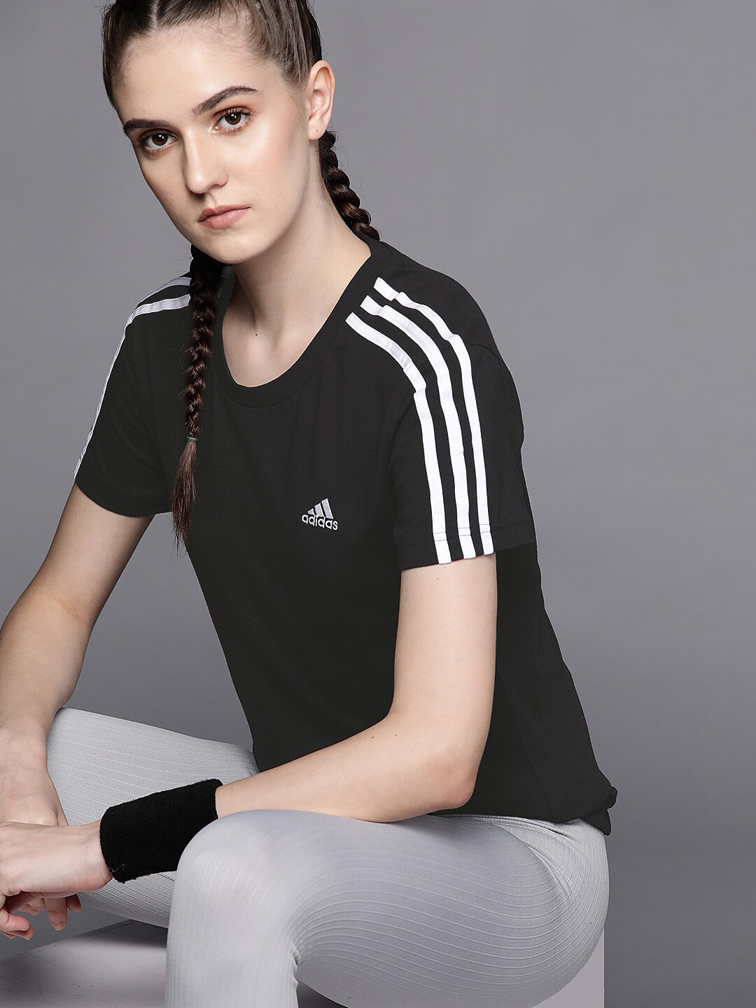 ADIDAS Women Black 3 Stripes  Pure Cotton T-shirt Price in India