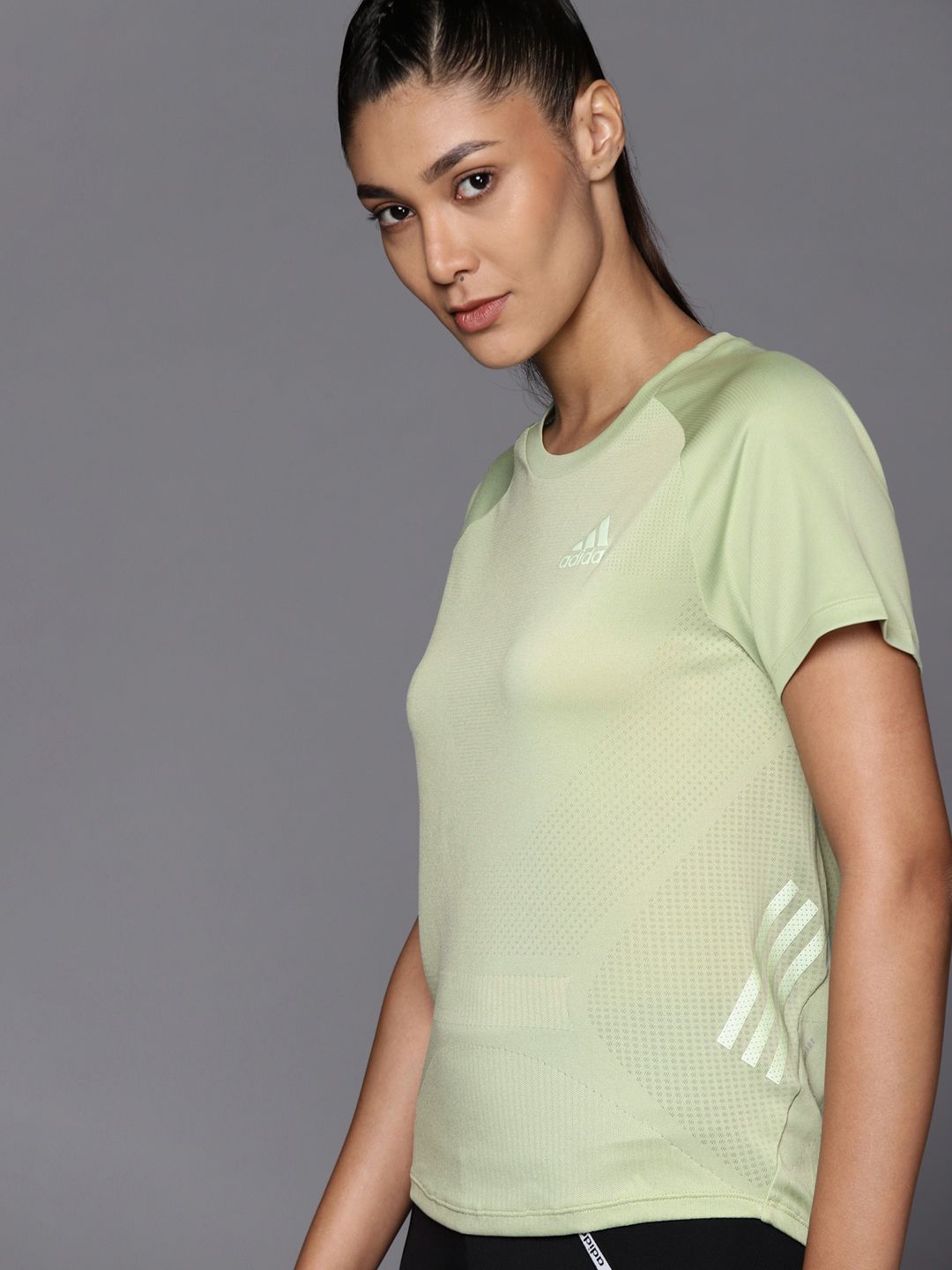 ADIDAS Women Green Adizero W Solid Slim Fit Aeroready Running T-shirt Price in India