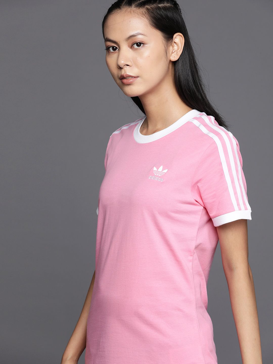 ADIDAS Originals Women Pink Pure Cotton 3-Stripes T-shirt Price in India