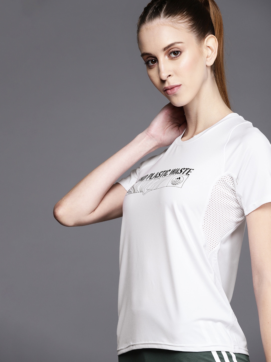 ADIDAS Women White Typography Printed Parley Run Fast Running T-shirt Price in India
