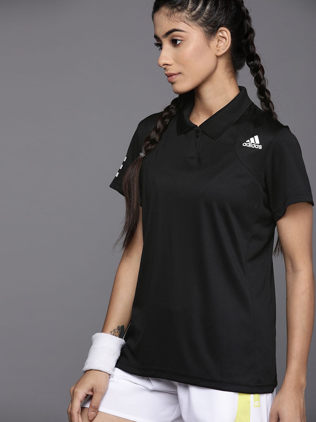 ADIDAS Women Black Solid Perforated Aeroready Polo Collar T-shirt Price in India