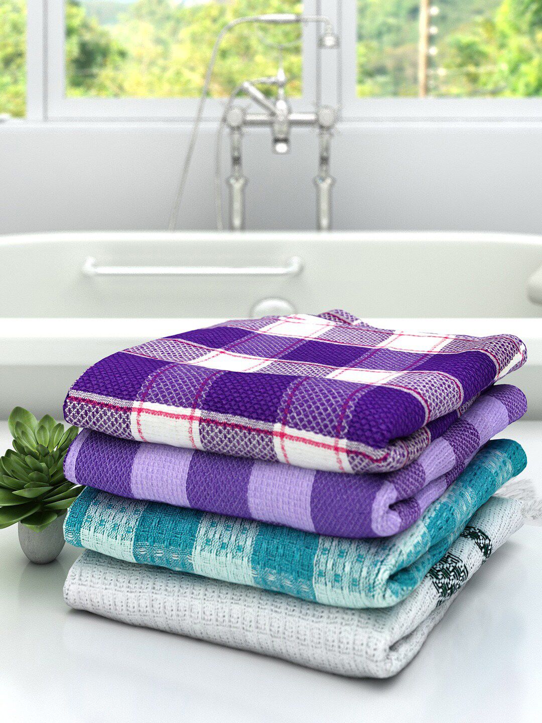 Athom Trendz Set Of 4 Striped 210 GSM Cotton Bath Towels Price in India