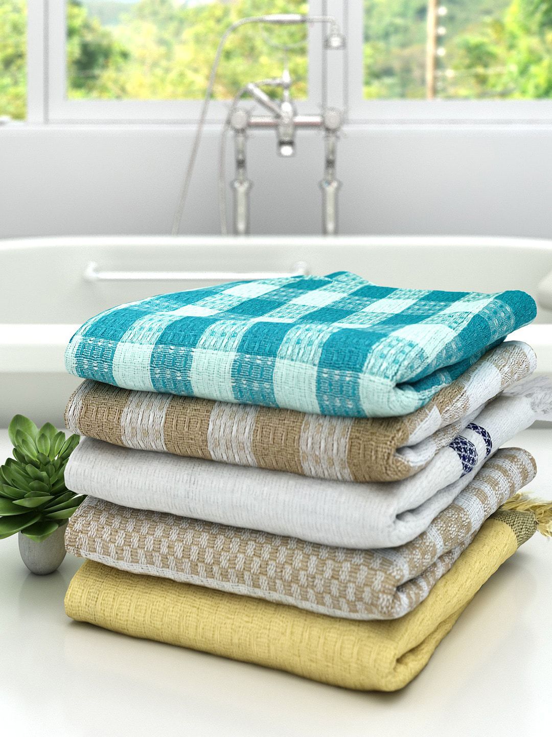 Athom Trendz Set of 5 Striped Pure Cotton 210 GSM Lightweight Bath Towels Price in India