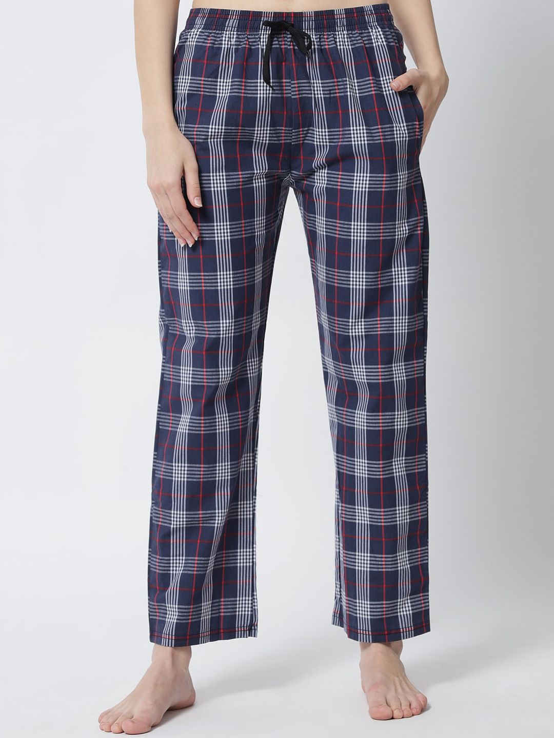 FFLIRTYGO Women Navy Blue Checked Cotton Lounge Pants Price in India