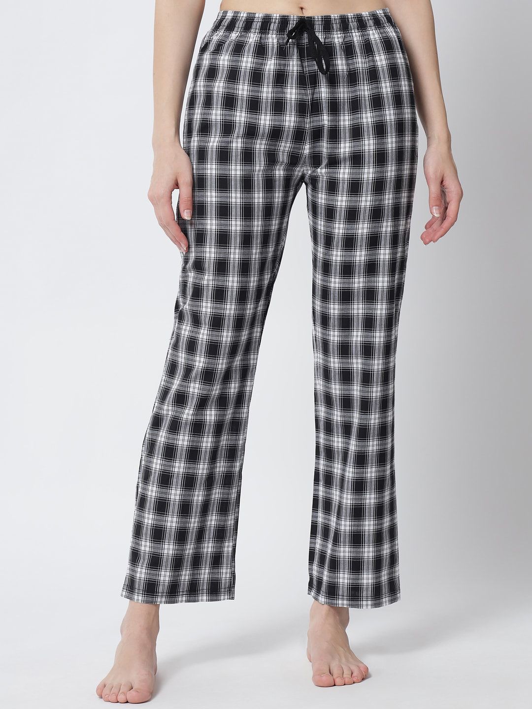 FFLIRTYGO Women Black & White Checked Cotton Pyjamas Price in India
