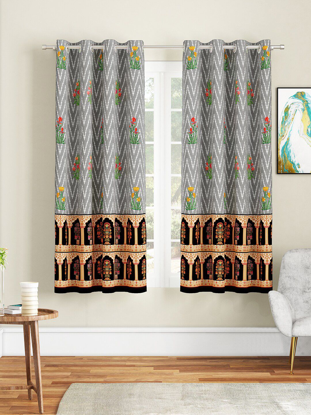 SEJ by Nisha Gupta Grey & Green Set of 2 Window Curtain Price in India