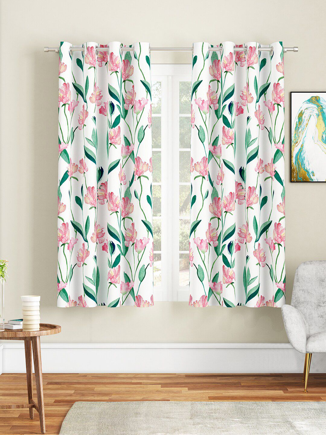 SEJ by Nisha Gupta White & Green Set of 2 Floral Window Curtain Price in India